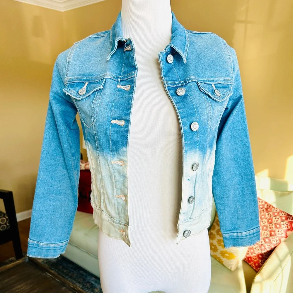 Old Navy Girls Large 10/12 Ombre Jean Jacket Dip Dye Blue White - Picture 10 of 13